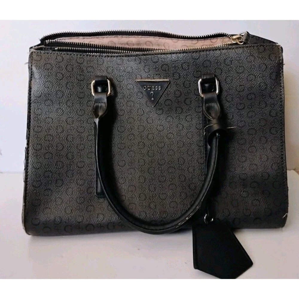 GUESS Fitz Black Monogram Satchel Bag Top Handle Purse SV860907 Triple Pocket